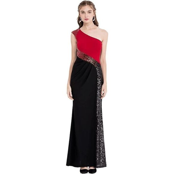 One Shoulder Formal Column Sequin Long Evening Gown Maxi Dress SIZE L NWT - Picture 13 of 16